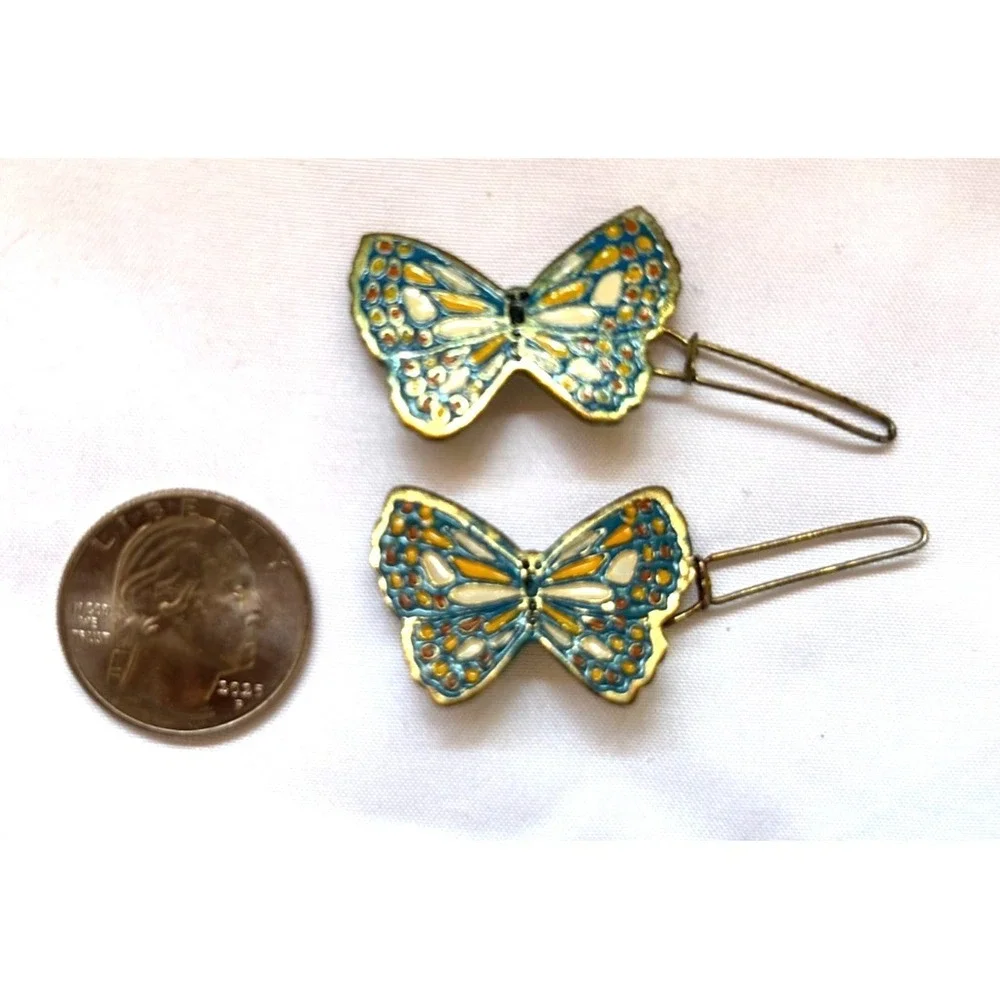 Vintage 70s Butterfly Hair Accessories Lot 3 Hairpins Barrettes Enamel Cloisonne